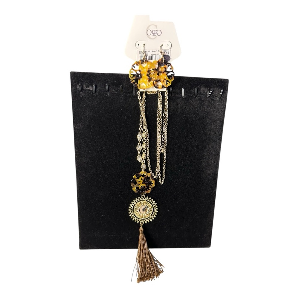 Cato Gold and Brown Tassel Pendant Necklace and Earrings Set Fashion Jewelry